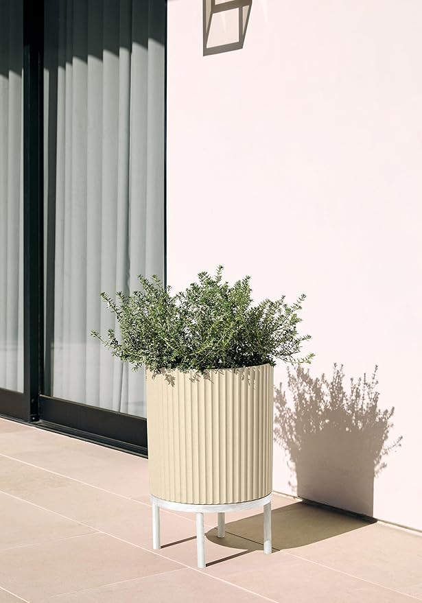 Veradek Demi Series Round Planter w/Stand for Porch/Patio | Durable Plastic-Stone Composite & Wooden Stand | Modern Décor for Tall Plants, Flowers
