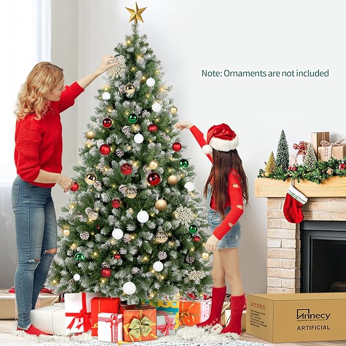 Annecy 6ft Pre-Lit Pre-Decorated Pine Hinged Artificial Full Spruce Christmas Tree w/ 970 Flocked Branch Tips, 60 Pine Cones, 250 Warm White & Multi-Color Lights for Home, Office Decoration,Metal Base