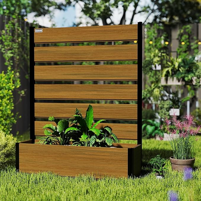 Vertical Screen Planter Bed - Raised Garden Box with Trellis for Climbing Plants, Durable Privacy Fence Planter for Outdoor, Patio, Deck Aluminum Frame, Brown