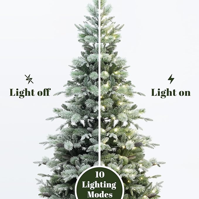 LuxenHome 7.5FT Prelit Christmas Tree with Lights, 10 Lighting Mode Flocked Artificial Christmas Tree with Pine Cone, 2350 LED Lights, 1368 PE+PVC Branch Tips, Prelit Pine Tree Holiday Décor