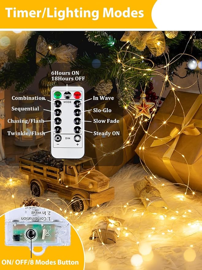 8 Pack Christmas Fairy Lights Battery Operated with Remote, 20FT 60LED Waterproof Twinkle Lights with Timer, String Light Indoor & Outdoor for Bedroom Wedding DIY Christmas Decoration(Warm White)