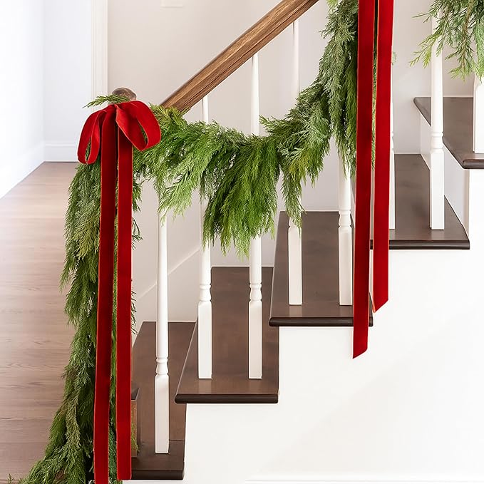 Janinka 6 Pcs Red Large Velvet Christmas Swag Bow 31.5 x 23.6 inch Vintage Christmas Ornament Rustic Velvet Staircase Wreath Bows Xmas Tree Topper Bows Large Bow for Outdoor