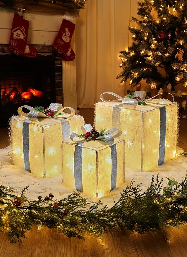 Set of 3 Christmas Decorations Lighted Gift Boxes, 12in 10in 8in with 60 Pre-Lit Mini String Lights，Foldable LED Xmas Gift Boxes with Bows for Tree Indoor Outdoor Holiday Party Yard Home Decor