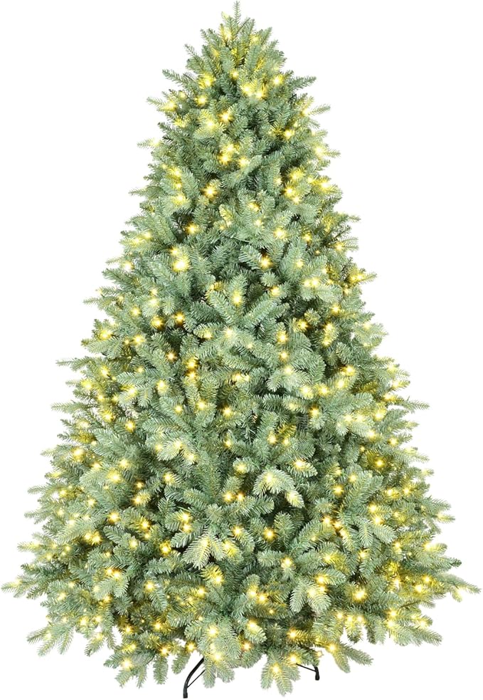7FT Prelit Christmas Tree, Premium Blue Artificial Spruce Christmas Tree with 700 Lights & 2518 PE/PVC Branch Tips, Memory Wire Pre Lit Full Hinged Xmas Trees with Metal Base for Holiday Decoration