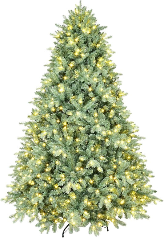 5FT Prelit Christmas Tree, Premium Blue Artificial Spruce Christmas Tree with 300 Lights & 1194 PE/PVC Branch Tips, Memory Wire Pre Lit Full Hinged Xmas Trees with Metal Base for Holiday Decoration