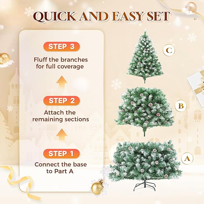 HOLLO STAR 7.5 ft Prelit Christmas Tree with 379 LED Lights, App Control, Artificial Christmas Tree, Multi-Color RGBW Lights, 1476 Flocked Frosted Tips, 86 Pine Cones, Metal Base, for Home, Party
