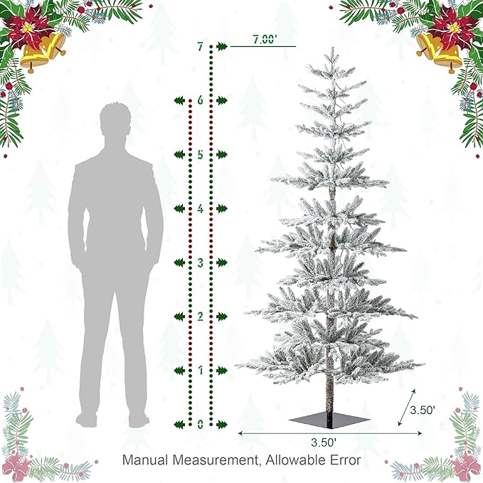 Glitzhome 7ft Deluxe Pre-Lit Flocked Artificial Christmas Tree Serene Snowscape Fir for Home, Office, Party Decoration with 400 Warm White Lights, Metal Hinges & Base, Easy Assembly