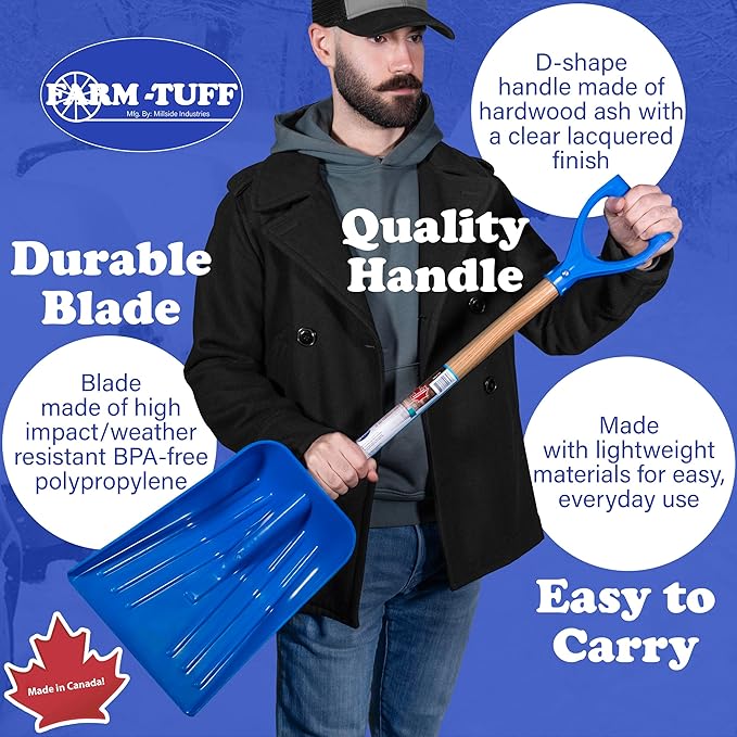Farm-TUFF Multipurpose Car & Trunk Shovel - Heavy-Duty Ash Hardwood Handle & Non-Stick Plastic Blade - Compact, Lightweight & Durable for Snow, Soil, Mulch & Gardening, Blue, 10in
