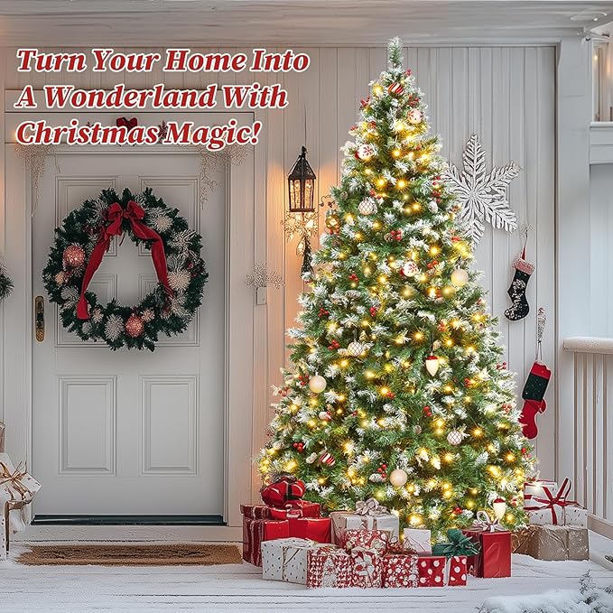 7.5ft Prelit Spruce Artificial Christmas Tree, Full Prelighted Xmas Tree Partially Flocked, 550 LED Lights, 1398 Branch Tips, 82 Pinecones, 82 Berries, Foldable Base, Holiday Decoration