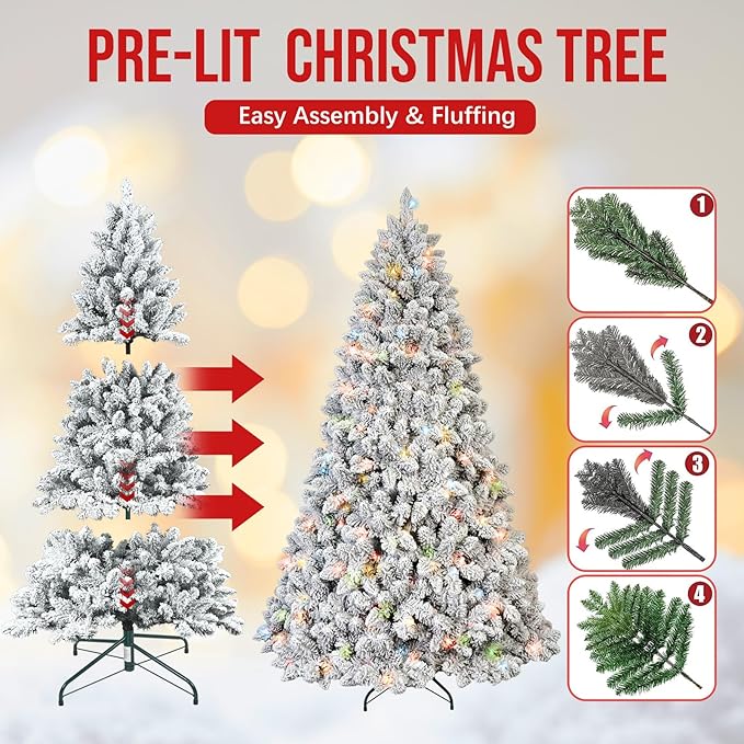 7ft Flocked Christmas Tree with 500 Multi-Color Lights, Pine Cones & 1124 Tips, Auto Hinged Easy Setup Full Prelighted Fake Tree
