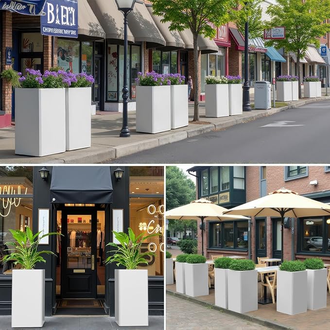 Galvanized Steel Metal Planter, 26 Inch White Square Outdoor Planters with Removable Insert Shelf and Drain Holes, Heavy Duty Flower Pot Modern Commercial Residential for Trees Patio Deck Yard Garden