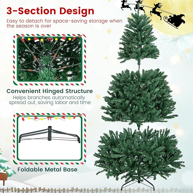 Goplus 6ft Artificial Douglas Christmas Tree, Unlit Hinged Xmas Full Tree with 1355 Branch Tips, Foldable Metal Base, Easy Assembly, Indoor Holiday Party Office Home Store Decor