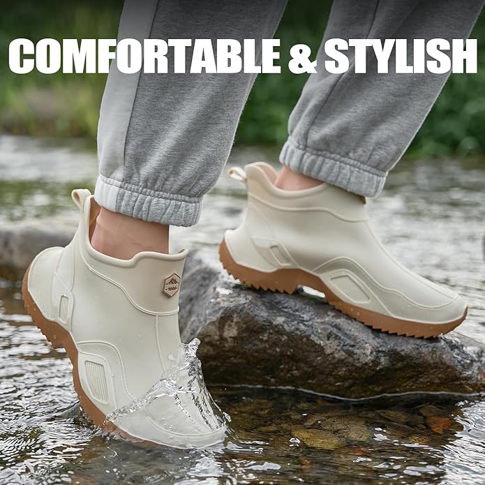 Women's Ankle Rain Boots - Slip On Waterproof Festival & Garden Shoes for Men - Comfortable Lightweight Rubber Wellies with Decorative Buckle