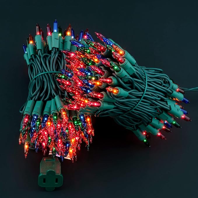 YULETIME 200 Multicolor Christmas Lights, Pack of 2 Strands of 21 ft 100 Count UL Certified Incandescent Mini String Light (Multicolor - Green Wire)