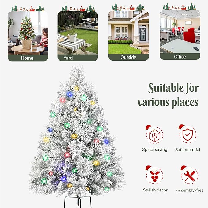 Set of 1 24.5 Inch Lighted Flocked Outdoor Christmas Tree with Multi-Color Lights, Timer, Battery Operated Pre-lit Scotch Pine Pathway Urn Filler with Pine Cones for Pathway & Porch& Yard Decorations