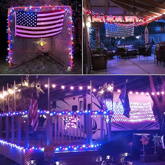 JMEXSUSS 200 LED 66ft Red White and Blue Lights Outdoor, Expandable Waterproof 4th of July Lights, 8 Modes Patriotic String Lights Plug in for 4th of July Tree Independence Day Indoor Decorations
