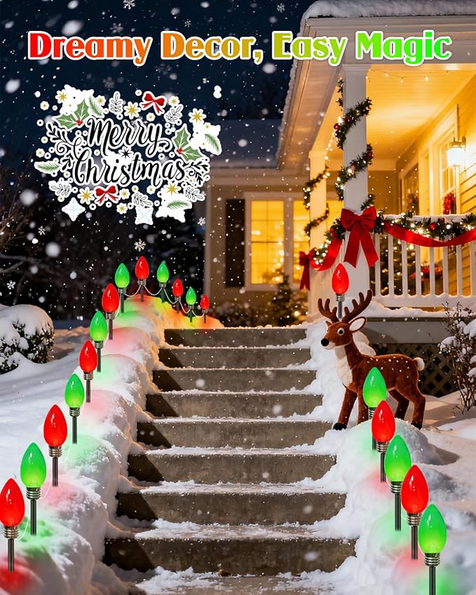 IDEAALS 12 Pack Jumbo Red and Green Plug in C9 Christmas Lights Outdoor，LED Pathway Lights Waterproof, Strawberry Light Christmas Decorations Outdoor for Walkway Party Patio Garden Lawn Yard Decor