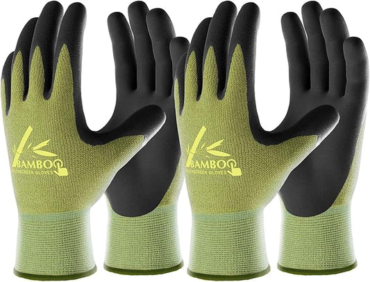 COOLJOB 2 Pairs Gardening Gloves for Women and Men, Bamboo Working Gloves Touchscreen, Grippy Nitrile Rubber Coated Work Gloves, Green/Black, Large Size (2 Pairs L)