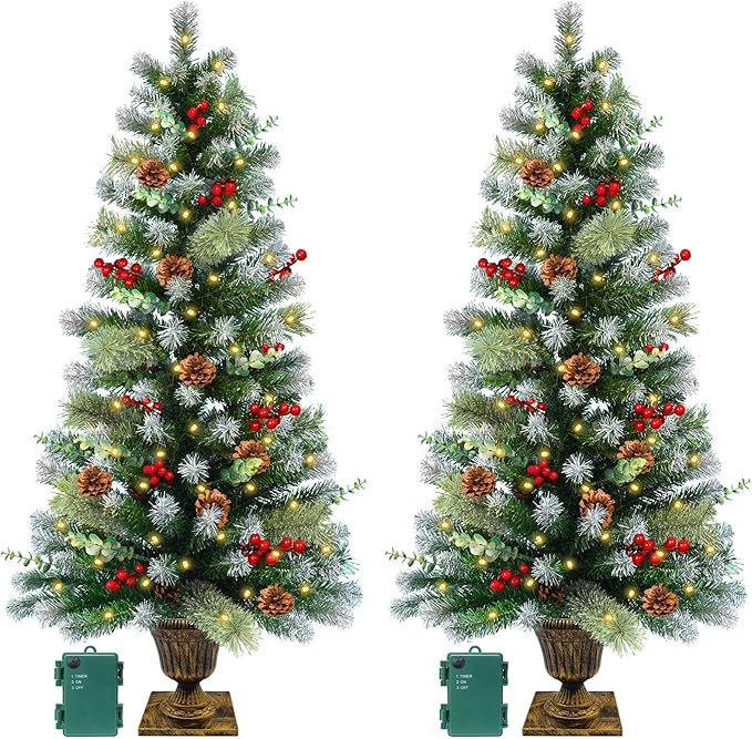 2 Set 4Ft Snowy Outdoor Christmas Entrance Tree with Timer 60 Warm Lights Battery Operated,120 Branches Tips,14 Eucalyptus,13 Smoky Pine Bristle Leaves,10 Pine Cones,9 Red Berries for Porch Front Door