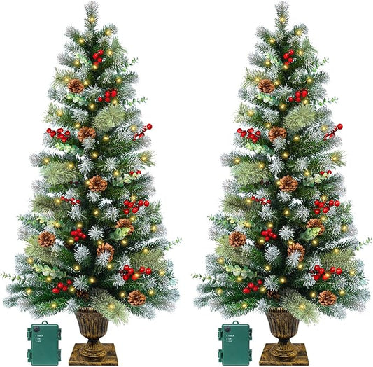 2 Set 4Ft Snowy Outdoor Christmas Entrance Tree with Timer 60 Warm Lights Battery Operated,120 Branches Tips,14 Eucalyptus,13 Smoky Pine Bristle Leaves,10 Pine Cones,9 Red Berries for Porch Front Door