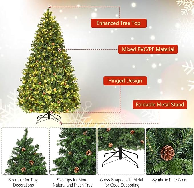 GOFLAME 7ft Artificial Pre-lit Christmas Tree with Warm White LED Lights and Pine Cones, Home Holiday Décor, Hinged, 925 Branches for Indoor Decoration Easy Setup