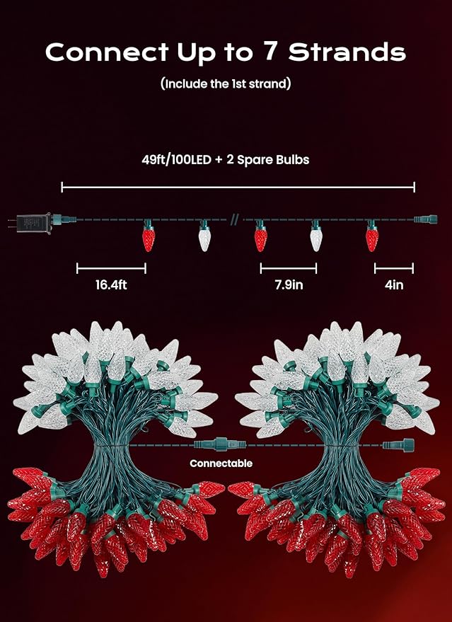 C9 Christmas Lights Outdoor, 33 FT 50 LED Connectable C9 String Lights with 8 Modes and Timer Xmas Tree Patio Roofline Garden Yard Holiday Party Indoor Outdoor Decoration, Red and Warm White