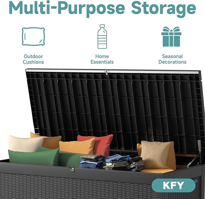 260 Gallon Waterproof Outdoor Storage Box, UV Resistant Resin Deck Box with Hydraulic Rod for Reinforced Stability, Perfect for Patio, Garden, and Pool, Striped Black