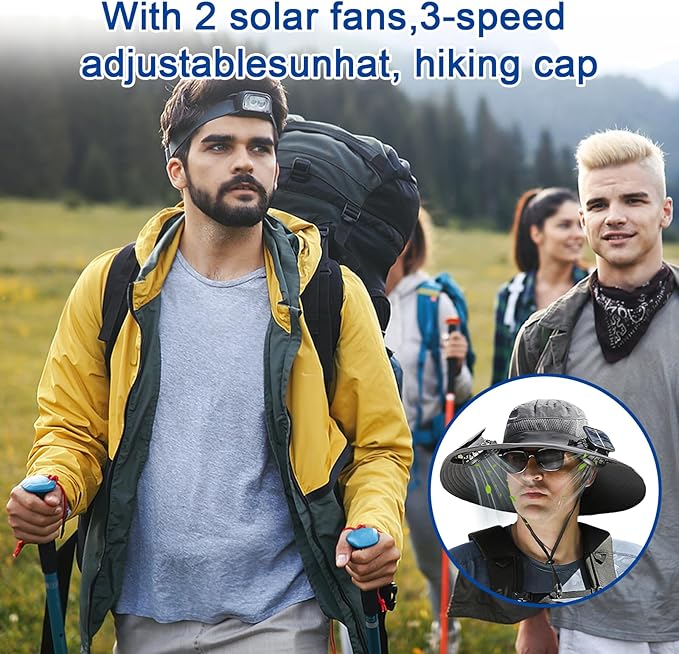 Solar Fan Hat, Wide Brim Sun Cap with 2 Solar Sun Protection Fans, USB and Solar Powered Fan Hat