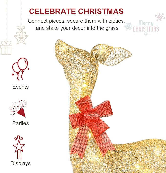 Lighted Christmas Decoration Deer 3 Piece, HOYECHI Light up Christmas Decor Reindeer Family Set for Indoor Outdoor Front Yard Porch with LED Lights, Plug, Ground Stakes - Gold