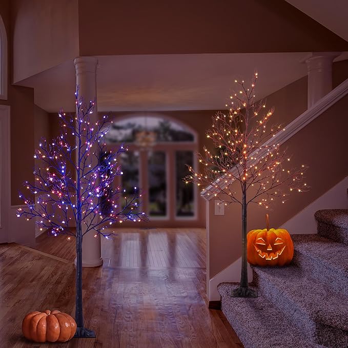 LIGHTSHARE 6FT Halloween Willow Tree 200 LED Lights Artificial Black Spooky Tree for Home, Festival, Nativity, Party, Indoor and Outdoor Use (Orange & Purple, 6FT)