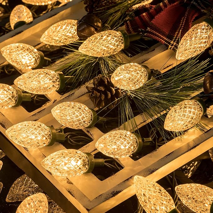 AWQ 100LED 81 FT C9 Christmas String Lights Plug in Fairy Twinkle String Lights 8 Modes Timer Function Waterproof Extendable for Indoor Outdoor Wedding Party Christmas Decoration (100, Warm White)