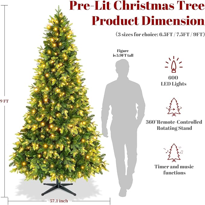 Thalassophile 9ft Pre-Lit Full Christmas Tree with Rotating Stand, Prelit Rotating Artificial Hinged Realistic Xmas Tree with Remote, 600 Lights Warm White & Multi Color, 2512 Branch Tips, Green