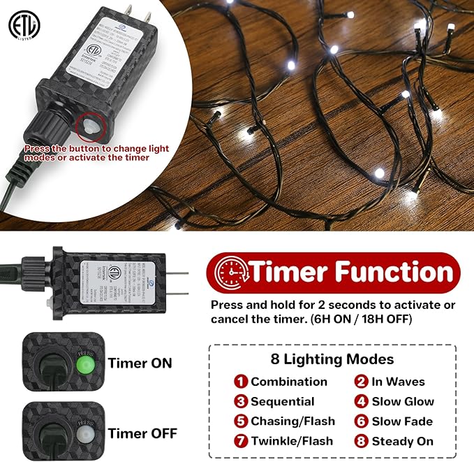 132FT 400 LED Christmas Lights with Timer, Twinkle Fairy Lights String with 8 Flashing Modes String Lights for Indoor Bedroom Outdoor Christmas Trees Garland Wreath Holiday Decorations, Cool White