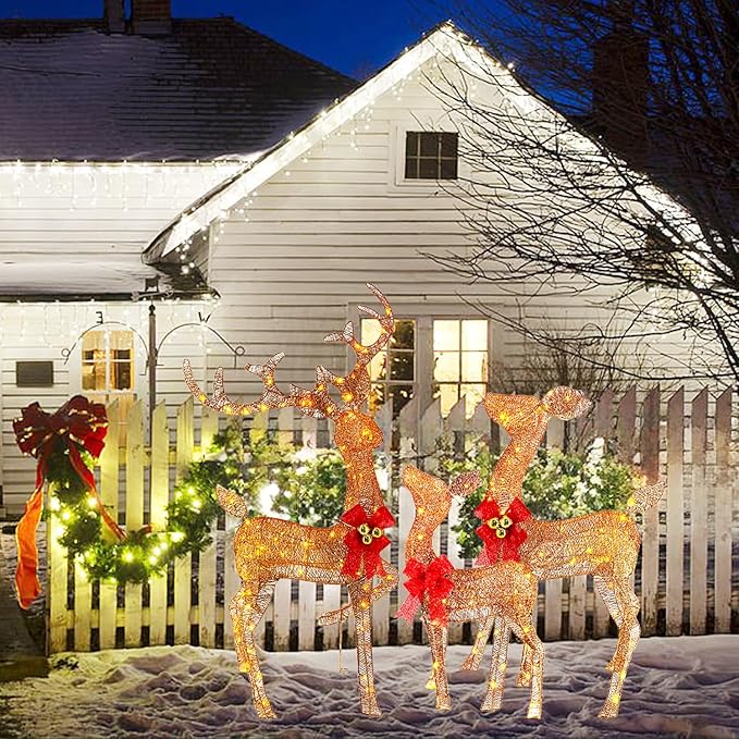 Light Up Christmas Reindeer Outdoor Decor, 240 LED 3-Piece Lighted Family Deer Set. Weatherproof Christmas Yard Reindeer Decoration with Stakes for Outside, Lawn, Garden, Patio, Indoor