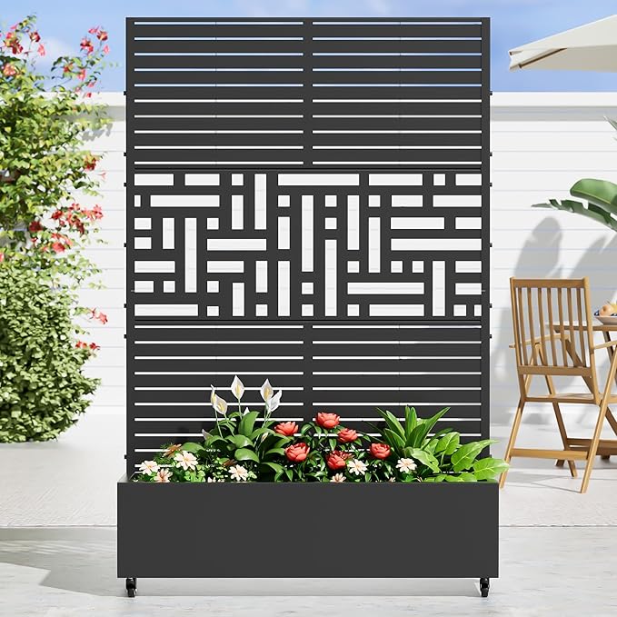 Casaphoria Metal Raised Garden Bed with Trellis and Wheels, 72"x47"x16" Planter Box for Climbing Plants, Vegetables & Vines, Features Drainage Holes and Privacy Screen, Black(Louvered&Helen)