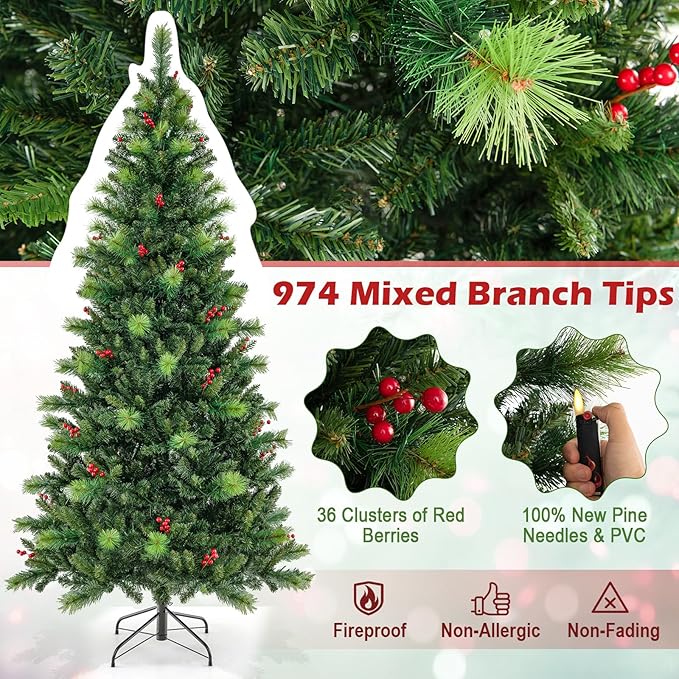 HOMGX 7ft Pre-Lit Christmas Tree with 400 Multi-Color LED Lights, Hinged Xmas Pine Tree w/ 974 PVC Branch Tips, 36 Red Berries, Remote & Timer, 9 Lighting Modes Artificial Christmas Tree