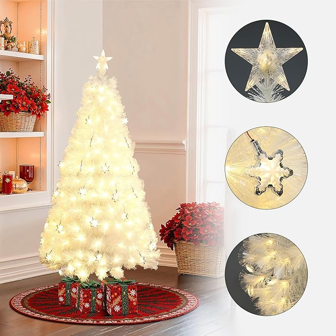 LuxenHome 5FT White Christmas Tree, 13 Lighting Funtions Artificial Fiber Optic Christmas Tree with 179 LED Lights, 336 PVC and Bristle Tips, Plug-in White Xmas Trees for Living Room, Entryway Decor