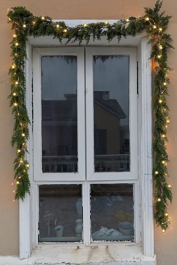 6FT PARTY JOY Seasonal Artificial Christmas Garland with LED String Lights Pine Needle Cypress Garland for Holiday Winter Indoor Outdoor Decor