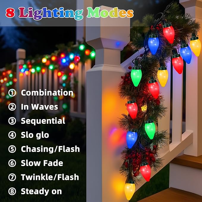 C7 60 LED Battery Operated Christmas Lights,Battery Powered Multicolor Waterproofing Bulbs,21.3 FT 8 Modes with Auto On/Off Time for Xmas Tree Garden Patio Indoor Outdoor Christmas Decorations