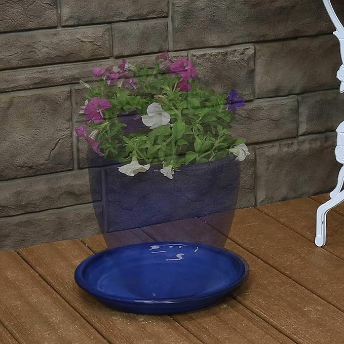 Sunnydaze 9-Inch Ceramic Plant Saucers - Plant Drip Trays for Outdoor Planter Flower Pot Drainage - Set of 2 - Imperial Blue
