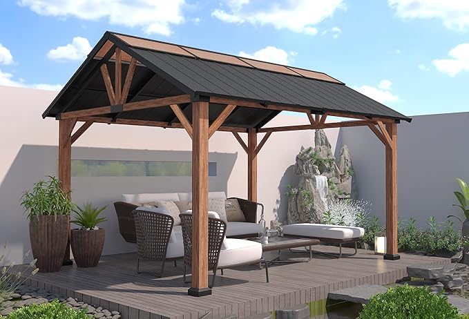 Macrout 13'x15' Hardtop Gazebo with Gabel Roof Canopy and Aluminium Frame, Outdoor Grill Gazebo Pergola for Patio, Backyard and Party, 4967 (Gable Roof + Brown Frame, 13'x15')