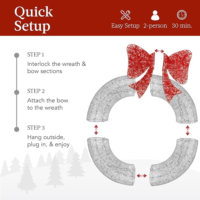 Best Choice Products 48in Pre-Lit Outdoor Christmas Wreath Decoration, LED Metal Holiday Decor for Home w/ 140 Lights, Bow - Silver/Red