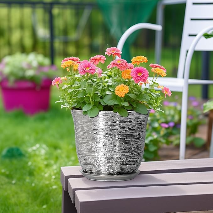 Ceramic Pots for Plants - 8 Inch Plant Pot with Drainage Hole and Saucer, Round Planters for Indoor Outdoor, Modern Planter, Decorative Flower Pots, Home Decor, House Warming Gifts, Silver