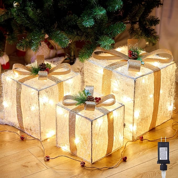 3 Pieces Lighted Gift Boxes Christmas Decorations, 12in 10in 8in with 60 Pre-Strung Mini String Lights, Foldable Light up Present Boxes for Indoor Outdoor Holiday Party Christmas Yard Home Art Decor