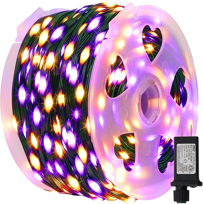 LJLNION 1000 LED Halloween Lights, 328FT Long Outdoor Fairy String Lights, Waterproof IP65 Green PVC Copper Wire Lights, 8 Lighting Modes Plug in for Xmas Home Yard Garden Party Decor, Orange&Purple