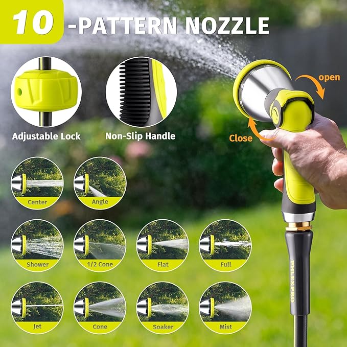 Garden Hose 50FT with 10 Pattern Spray Nozzle - PHLEX PRO Heavy-Duty Premium 5/8'' Rubber 3-Layer Water Hose - Innovation Flexible Hybrid Lightweight Water Hose, Full Brass Fittings (RyobiGreen)