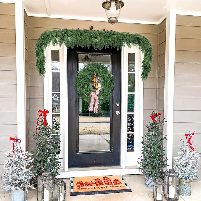 Hananona 2 Pcs 9 FT Artificial Cedar Garlands, Real Touch Winter Cedar Garland, Green Artificial Greenery Pine Garland for Table, Mantle, Wall, Indoor, Outdoor Christmas Decorations (2, 9 FT)