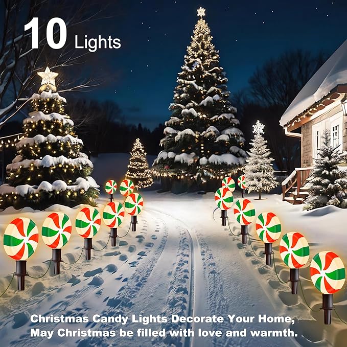 Ultimate Unicorn Christmas Lollipop Pathway Lights for Garden Christmas Decoration Red and Green, 10 LED Peppermint String Lights with Stakes for Outdoor Sidewalk Pathway Rooftop Lawn Garden