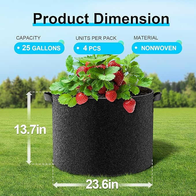 Land Guard 4-Pack Fabric Grow Bags 25 Gallon, Thickened Nonwoven Garden Pots, Growing Bags with Handles, Black