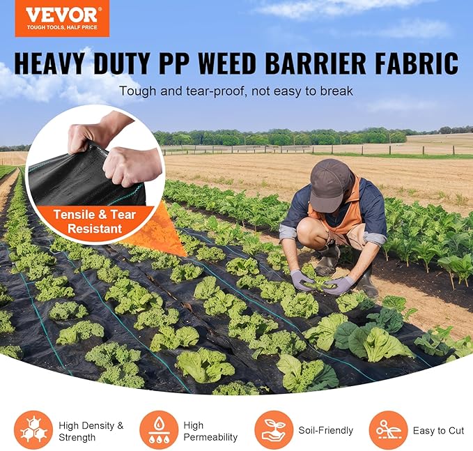 VEVOR 3FTx50FT Premium Heavy Duty Weed Barrier Landscape Fabric, 3.2OZ Woven Geotextile Fabric Under Gravel, High Permeability for Weed Blocker Weed Mat, Driveway Fabric, Weed Control Garden Cloth